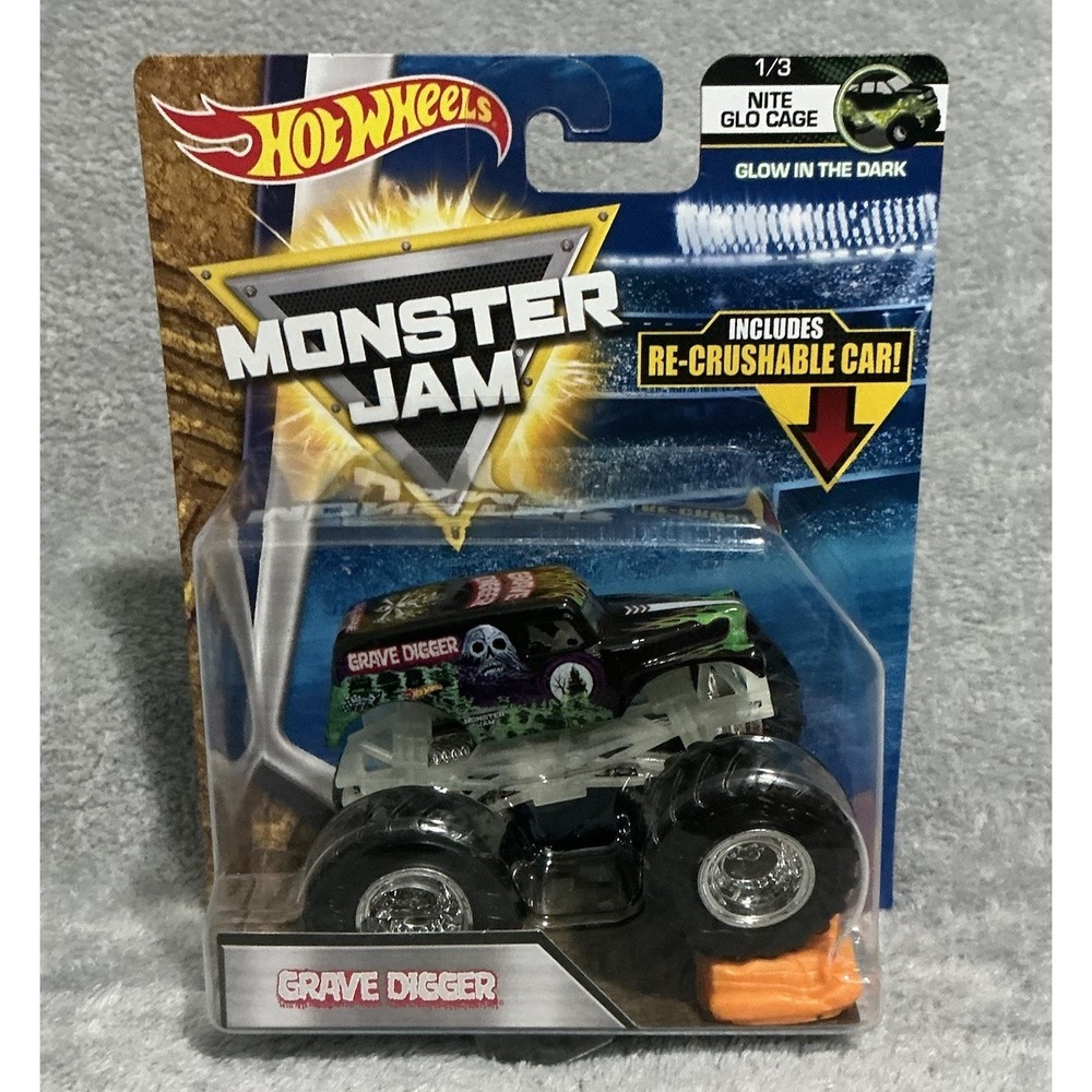 Hot Wheels Monster Jam GRAVE DIGGER 2017 NITE GLO CAGE 1/3 w/ Re-Crushable Car